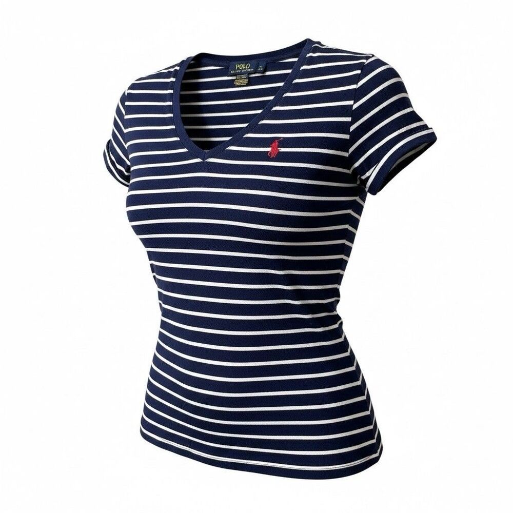 Women’s Polo Ralph Lauren t shirt Navy White Stripe V Neck Preppy Nautical Med